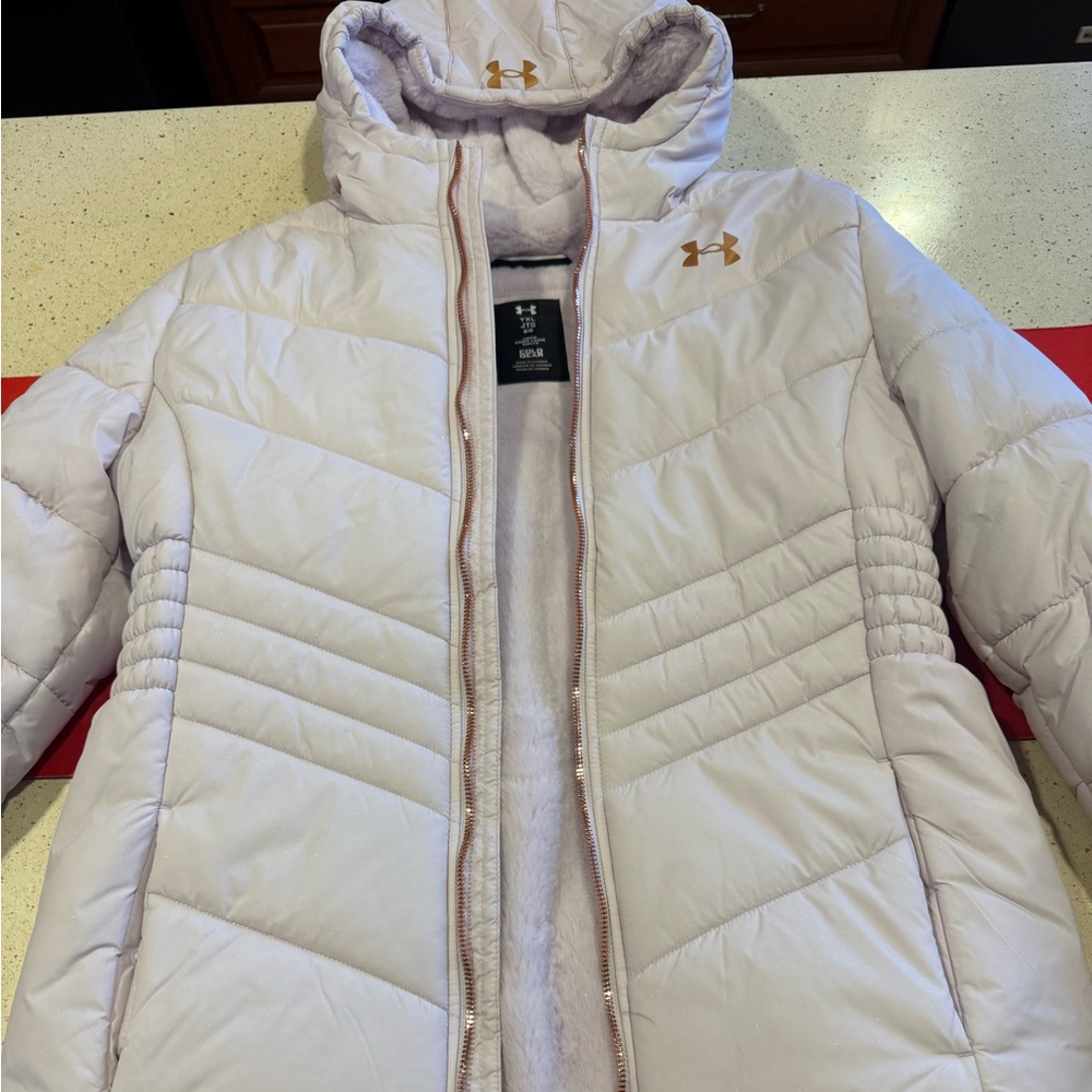 UA Girls lilac purple puffer jacket with fur lining